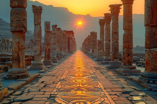 Dawn Light on Ancient City Ruins: Serenity in Golden Pathways