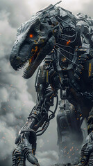 Poster - Formidable Cyborg Dinosaur Warrior Dominates with Menacing Cybernetic Presence Against Swirling Color Smoke Effects