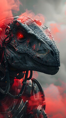 Poster - Formidable Cyborg Dinosaur Warrior Emerges from Ominous Smoke,Seamless Synthesis of Primal Grace and Advanced Technology