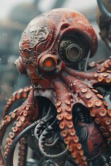 Wall Mural - Formidable Cyborg Octopus Warrior Amalgamating Marine Biology and Cutting-Edge Technology in a Post-Apocalyptic Landscape