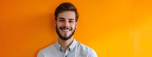 Wall Mural - Confident Young Software Engineer Smiling Proudly in Vibrant Workspace