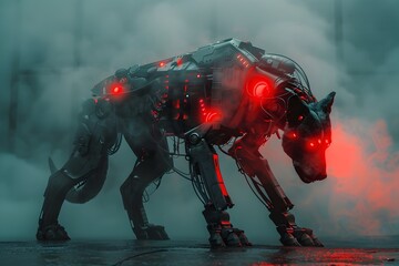 Sticker - futuristic mechanized canine warrior with glowing energy core and sleek metallic armor in moody cine