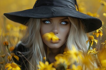 Wall Mural - Dreamy Blonde Witch with Blue Eyes in Yellow Flower Bed Portrait