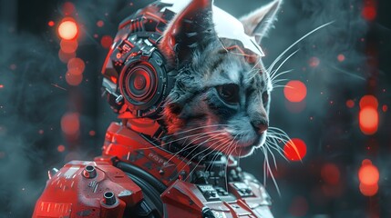 Poster - Majestic Cyborg Cat Warrior in Vivid Technological Armor Suit Amid Misty Atmospheric Backdrop