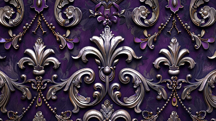 Wall Mural - A seamless pattern of Victorian fleur-de-lis, with regal symbols and elegant flourishes in shades of deep purple and silver.