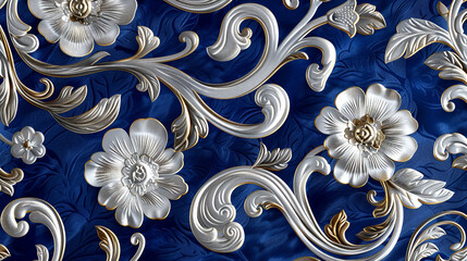 Wall Mural - A seamless Victorian brocade pattern with elegant swirls and scrolls in royal blue and silver, reminiscent of luxurious upholstery fabrics.