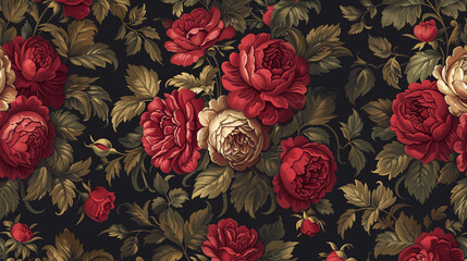 Wall Mural - A seamless Victorian wallpaper pattern with ornate borders and swags, adorned with bouquets of roses and peonies in shades of crimson and gold.