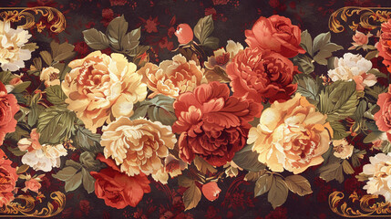 Wall Mural - A seamless Victorian wallpaper pattern with ornate borders and swags, adorned with bouquets of roses and peonies in shades of crimson and gold.