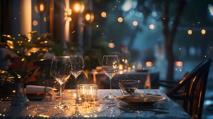 Wall Mural - A luxurious dinner table in a pleasant atmosphere. The beautiful scenery makes for a wonderful night. Images like this are often used to post on social media, write blogs or set as wallpaper.