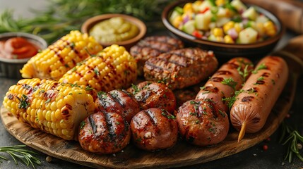 Wall Mural - A plate of Fourth of July barbecue favorites, including hamburgers, hot dogs, potato salad, and corn on the cob.