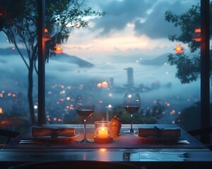 Wall Mural - A luxurious dinner table in a pleasant atmosphere. The beautiful scenery makes for a wonderful night. Images like this are often used to post on social media, write blogs or set as wallpaper.