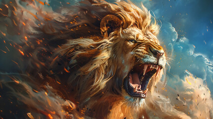 Wall Mural - A stylized illustration of a roaring lion, symbolizing strength and courage.