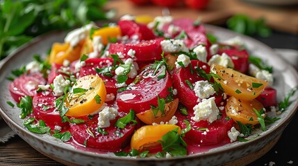 Wall Mural - A plate of roasted beet salad with goat cheese.