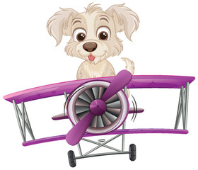 Wall Mural - Cute dog in a cartoon-style purple airplane