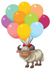 Wall Mural - Cartoon yak tied to vibrant multicolored balloons