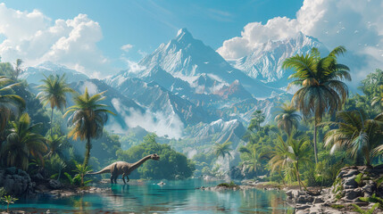 Wall Mural - Playful dinosaurs roaming through a prehistoric landscape filled with palm trees and volcanoes.