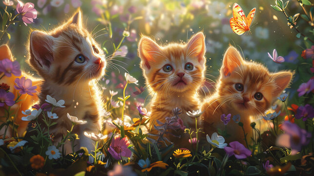 Playful kittens and puppies chasing butterflies in a colorful garden.