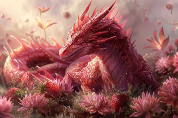 Wall Mural - Enchanting Dragon Delight: A Strawberry Twist in a Fantasy Realm
