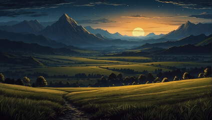 Landscape artwork of mountain. sunset view of hill. green field and forest nature drawing. cloudy sky in background.