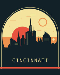 Wall Mural - Cincinnati city retro style poster with skyline, cityscape. USA Ohio state vintage vector illustration. US front cover, brochure, flyer, leaflet template, layout image