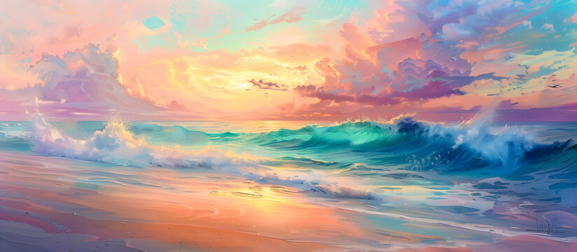 painted ocean wave and beautiful cloudy during sunset