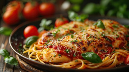Wall Mural - A plate of chicken parmesan with spaghetti.