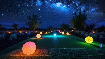 Poster - don't miss this unique night golf event with glowing balls, illuminated holes, and starry skies!