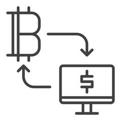Poster - Computer and Bitcoin connected with Arrows vector Cryptocurrency icon or symbol in outline style