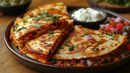 Wall Mural - A plate of chicken quesadillas with salsa and sour cream.