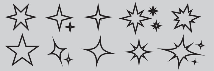 Wall Mural - Sparkling stars composition. Glowing black star stencil, isolating various sparkling elements. Twinkle star, Minimalist silhouette stars icon, twinkle star shape symbols.