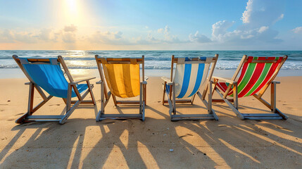 Wall Mural -  A line of beach chairs rests on a sandy shore, framed by a blue-white sky and the distant ocean