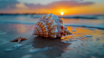 Wall Mural -   A detailed image of a seashell on a beach, illuminated by a setting sun in the background, and a prominent starfish in the foreground