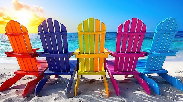   A row of colorful beach chairs sits on top of a sandy beach beside the ocean on a sunny day