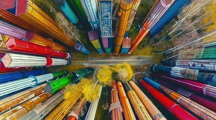 Sticker -   A bird's-eye view of a vibrant train track scene surrounded by foliage and green vegetation on either side