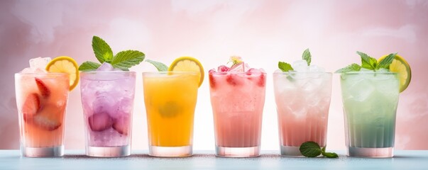 Six refreshing drinks with fruit and ice in glasses.