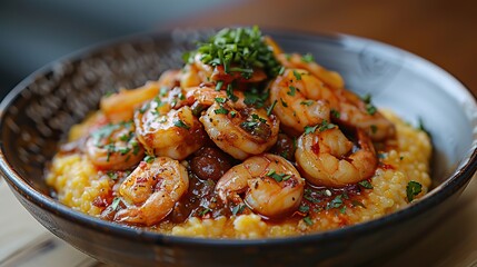 Wall Mural - A dish of shrimp and grits with a spicy sauce.