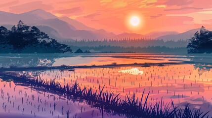 Wall Mural - Beautiful field of rice in sunset light illustration. rice field illustration at sunset scene