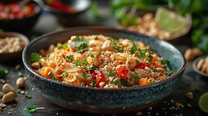 Wall Mural - A dish of vegetable pad thai with peanuts.