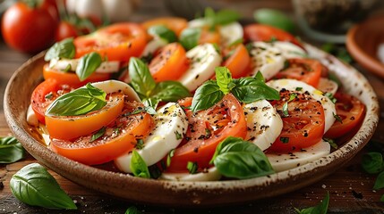 Wall Mural - A fresh caprese salad with sliced tomatoes, mozzarella, and basil.