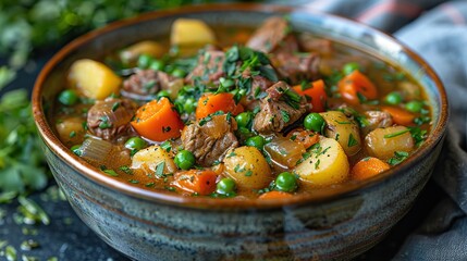 Wall Mural - A hearty beef stew with carrots, potatoes, and peas in a rich gravy.