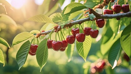 Wall Mural - Closeup of green sweet cherry tree branches with ripe juicy berries in garden. Harvest time,berry, fruit, tree, cherry, nature, branch