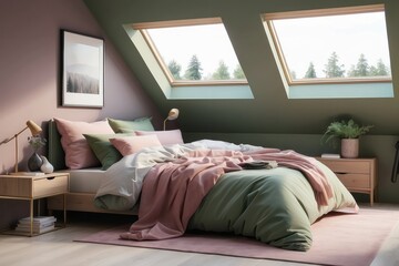 Wall Mural - Minimalistic bedroom interior with Citron Green bed, Dusty Rose bedclothes, wooden night table