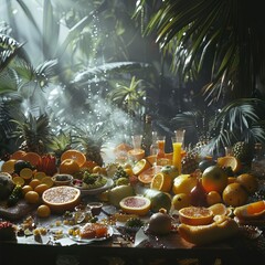 Wall Mural - Table Full of Tropical Fruits with Tropical Leaves on Background