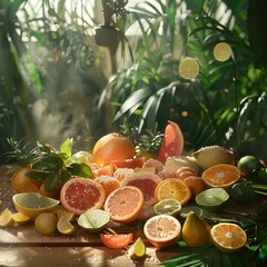 Wall Mural - Table Full of Tropical Fruits with Tropical Leaves on Background