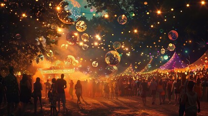 A large crowd of people are gathered in a field with many lights and balloons