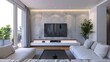 © BLACK ADAM - Modern and minimalist apartment interior living room with tv flat screen wall mounted modern furniture