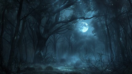 A thrilling night chase in a dark forest, moonlight casting eerie shadows, branches snapping underfoot.