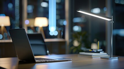 work desk with laptop and lamp on table at night,
