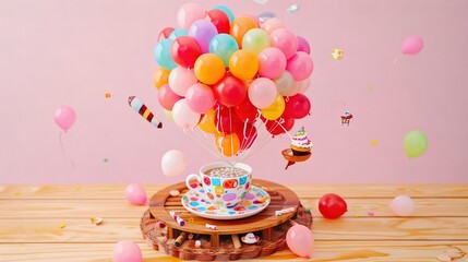 Wall Mural -   A coffee cup rests atop a wooden table alongside balloons and a cake plate