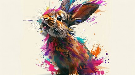 Poster -   A digital painting depicts a vibrant rabbit splashed with multicolored paint, resting against a pristine white backdrop